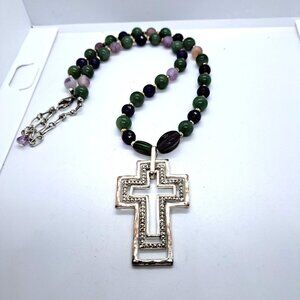 Silver Tone cross on green purple stone necklace 18"